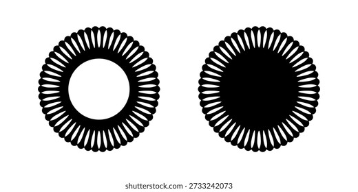 Runder Rahmen und Form mit Blütenblatt-Rändern. Einfache Blumensilhouetten einzeln auf weißem Hintergrund. Runde Serviette mit Schnürung. Frühlings- oder Sommerschmuck. Vektorgrafik.