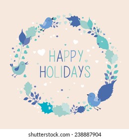 Round frame in a shape of wreath with happy holidays greeting