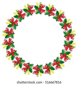 Round frame in shape of wreath with holly berry. Copy space. Christmas decoration.  Vector clip art.