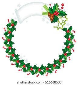 Round frame in shape of wreath with holly berry and pine cones. Copy space. Christmas decoration.  Vector clip art.