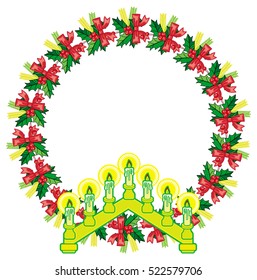 Round frame in shape of wreath with holly berry and light candle arch. Copy space. Christmas decoration. Vector clip art.