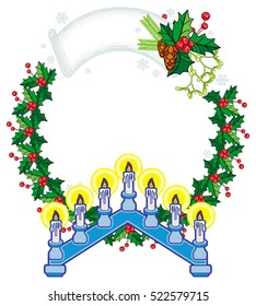 Round frame in shape of wreath with holly berry and light candle arch. Copy space. Christmas decoration. Vector clip art.
