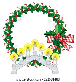 Round frame in shape of wreath with holly berry and light candle arch. Copy space. Christmas decoration. Vector clip art.