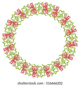 Round frame in shape of wreath with mistletoe. Copy space. Christmas decoration. Vector clip art.