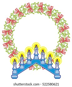 Round frame in shape of wreath with mistletoe and light candle arch. Copy space. Christmas decoration. Vector clip art.