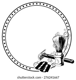 Round frame with shaving-brush and razor