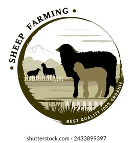 Round frame with sheep farm objects silhouettes and text for product labels. Vector illustration.	