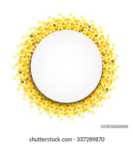 Round frame with a sheet of paper for your text on  abstract  background with sparkles or confetti.Can be used for holiday flyers, banners, invitations to the party