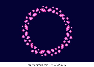 Round frame of shiny pink gems on a dark blue background. Abstract background. vector.