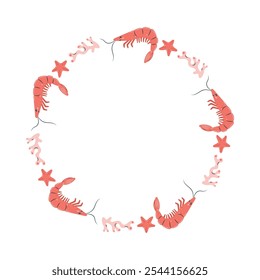 Round frame with shrimps. Red shrimps and white background. For postcards and posters. Vector illustration.