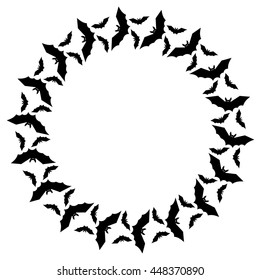 Round frame with silhouettes of flying bats. Original background for greeting cards, invitations, prints.Vector clip art.