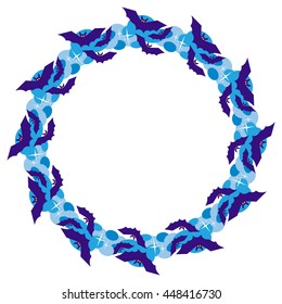 Round frame with silhouettes of flying bats. Original background for greeting cards, invitations, prints.Vector clip art.