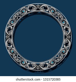 round frame silver color with topaz on blue background
