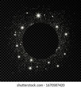 Round frame with silver glitter on dark transparent  background. Empty background. Vector illustration.