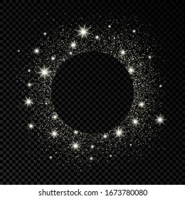 Round frame with silver glitter on dark transparent  background. Empty background. Vector illustration.