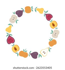Round frame with simple abstract fruits. Wreath, fruity slices empty background with space for text. Apple, pear, fig, peach, leaves. Color flat illustration. Isolated white background.