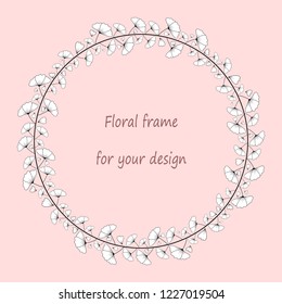 Round frame with simple black and white doodle flowers and petals.Decoration for greeting card,wedding invitation,save the date.Wreath for your design with place for text