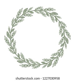 Round frame with simple green 
 and white branches and leaves.Decoration for greeting card,wedding invitation,save the date.Wreath for your design with place for text