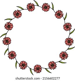 Round frame with simple pink flowers on white background. Vector image.