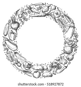 Round frame with sketch of vegetables and spices set.