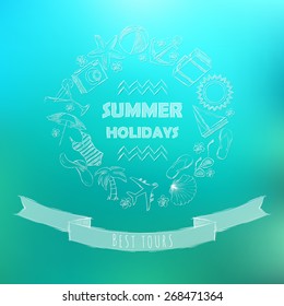 Round frame of the sketches. Vector illustration. Travel, leisure, tourism on the sea background. EPS10.