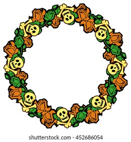 Round frame with skulls, bones and roses. Vector clip art.