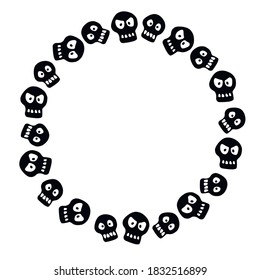 Round frame with skulls. Theme of Halloween and death in cartoon flat style. Border, background for greeting card, invitation, party poster, banner