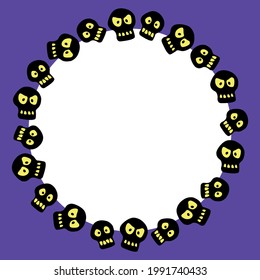 Round frame with skulls. Theme of Halloween and death in cartoon flat style. Border, background for greeting card, invitation, party poster, banner