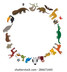 Round frame. Sloth anteater toucan lama bat seal armadillo boa manatee monkey dolphin Maned wolf raccoon jaguar Hyacinth macaw lizard turtle crocodile deer penguin Blue-footed booby Capybara. Vector