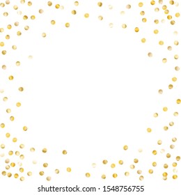 Round Frame of Small Round Confetti. Wreath. Golden Party Pattern. Festive Decoration for Holiday Print Card Banner. Realistic Glitter. Isolated Party Pattern. Vector.