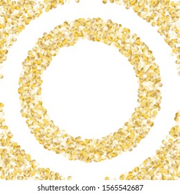 Round Frame of Small Round Confetti. Wreath. Golden Party Background. Festive Decoration for Holiday Banner Poster Print. Realistic Glitter. Isolated Party Background. Vector.
