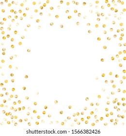 Round Frame of Small Round Confetti. Wreath. Golden New Year Background. Bright Decoration for Holiday Cover Poster Print. Realistic Glitter. Isolated NewYear Background. Vector.