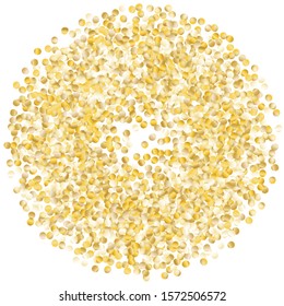 Round Frame of Small Round Confetti. Wreath. Golden New Year Pattern. Bright Decoration for Holiday Poster Cover Card. Realistic Glitter. Isolated New Year Pattern. Vector.