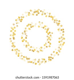 Round Frame of Small Round Confetti. Wreath. Golden New Year Pattern. colorful Decoration for Holiday Cover Print Card. Realistic Glitter. Isolated New Year Pattern. Vector.