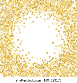 Round Frame of Small Round Confetti. Wreath. Golden Party Background. Festive Decoration for Holiday Banner Poster Print. Realistic Glitter. Isolated Party Background. Vector.