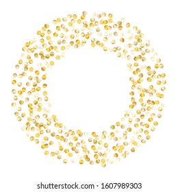 Round Frame of Small Round Confetti. Wreath. Golden New Year Pattern. colorful Decoration for Holiday Banner Wallpaper Poster. Realistic Glitter. Isolated New Year Pattern. Vector.