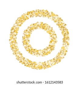 Round Frame of Small Round Confetti. Wreath. Golden Christmas Pattern. Festive Decoration for Holiday Wallpaper Banner Cover. Realistic Glitter. Isolated Christmas Pattern. Vector.