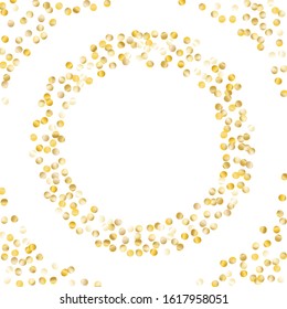 Round Frame of Small Round Confetti. Wreath. Golden Christmas Pattern. Bright Decoration for Holiday Card Print Wallpaper. Realistic Glitter. Isolated Christmas Pattern. Vector.