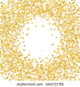 Round Frame of Small Round Confetti. Wreath. Golden Party Background. Festive Decoration for Holiday Wallpaper Banner Poster. Realistic Glitter. Isolated Party Background. Vector.