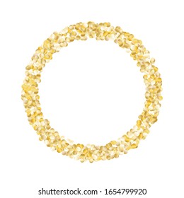 Runder Rahmen für kleine Rundkonfetti. Kranz. goldener Parteihintergrund. farbenfrohe Dekoration für die Deckenverkleidung von Weihnachtsplakaten. Realistische Glitter. Hintergrund isolierter Parteien. Vektorillustration.
