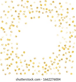 Marco redondo de pequeño confetti redondo. Wreath. Fondo de Navidad Dorada. Decoración moderna para la tarjeta de póster de impresión de vacaciones. Deslumbramiento realista. Fondo de Navidad Aislado. Vector.