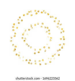 Round Frame of Small Round Confetti. Wreath. Golden Party Background. Trendy Decoration for Holiday Wallpaper Banner Poster. Realistic Glitter. Isolated Party Background. Vector.