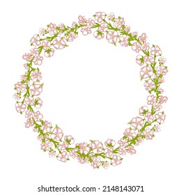 Round frame of small pink flowers and green leaves. vector