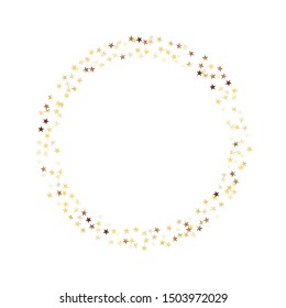 Round Frame of Small Star Confetti. Wreath. Golden Party Pattern. colorful Decoration for Holiday Card Banner Cover. Realistic Glitter. Isolated Party Pattern. Vector.