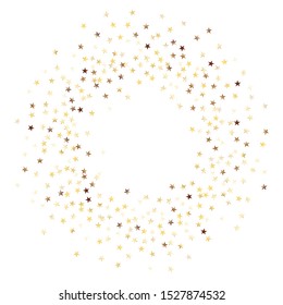 Marco redondo de pequeño confetti de estrella. Wreath. Patrón de Oro de Año Nuevo. Decoración festiva para la tarjeta impresa de la bandera de vacaciones. Deslumbramiento realista. Patrón de Año Nuevo Aislado. Vector.