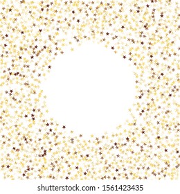 Round Frame of Small Star Confetti. Wreath. Golden Party Background. Festive Decoration for Holiday Card Print Poster. Realistic Glitter. Isolated Party Background. Vector.