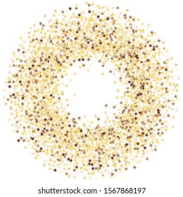 Round Frame of Small Star Confetti. Wreath. Golden Christmas Pattern. Bright Decoration for Holiday Wallpaper Card Print. Realistic Glitter. Isolated Christmas Pattern. Vector.