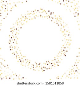 Round Frame of Small Star Confetti. Wreath. Golden Party Background. Bright Decoration for Holiday Wallpaper Poster Banner. Realistic Glitter. Isolated Party Background. Vector.