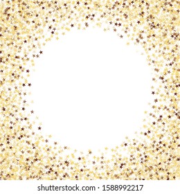 Round Frame of Small Star Confetti. Wreath. Golden Party Background. colorful Decoration for Holiday Wallpaper Poster Card. Realistic Glitter. Isolated Party Background. Vector.
