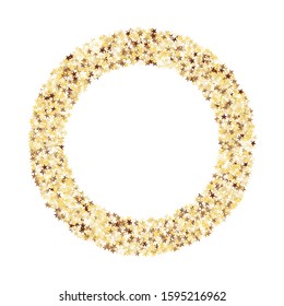 Round Frame of Small Star Confetti. Wreath. Golden New Year Background. Trendy Decoration for Holiday Banner Wallpaper Print. Realistic Glitter. Isolated NewYear Background. Vector.